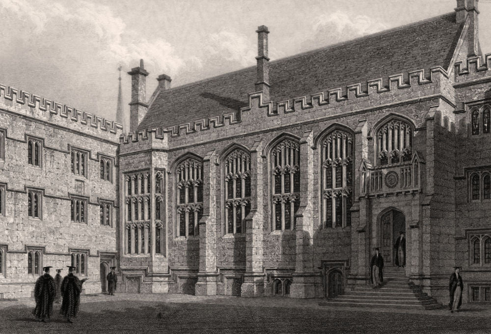 The Hall of Exeter College, Oxford, by John Le Keux 1837 old antique print